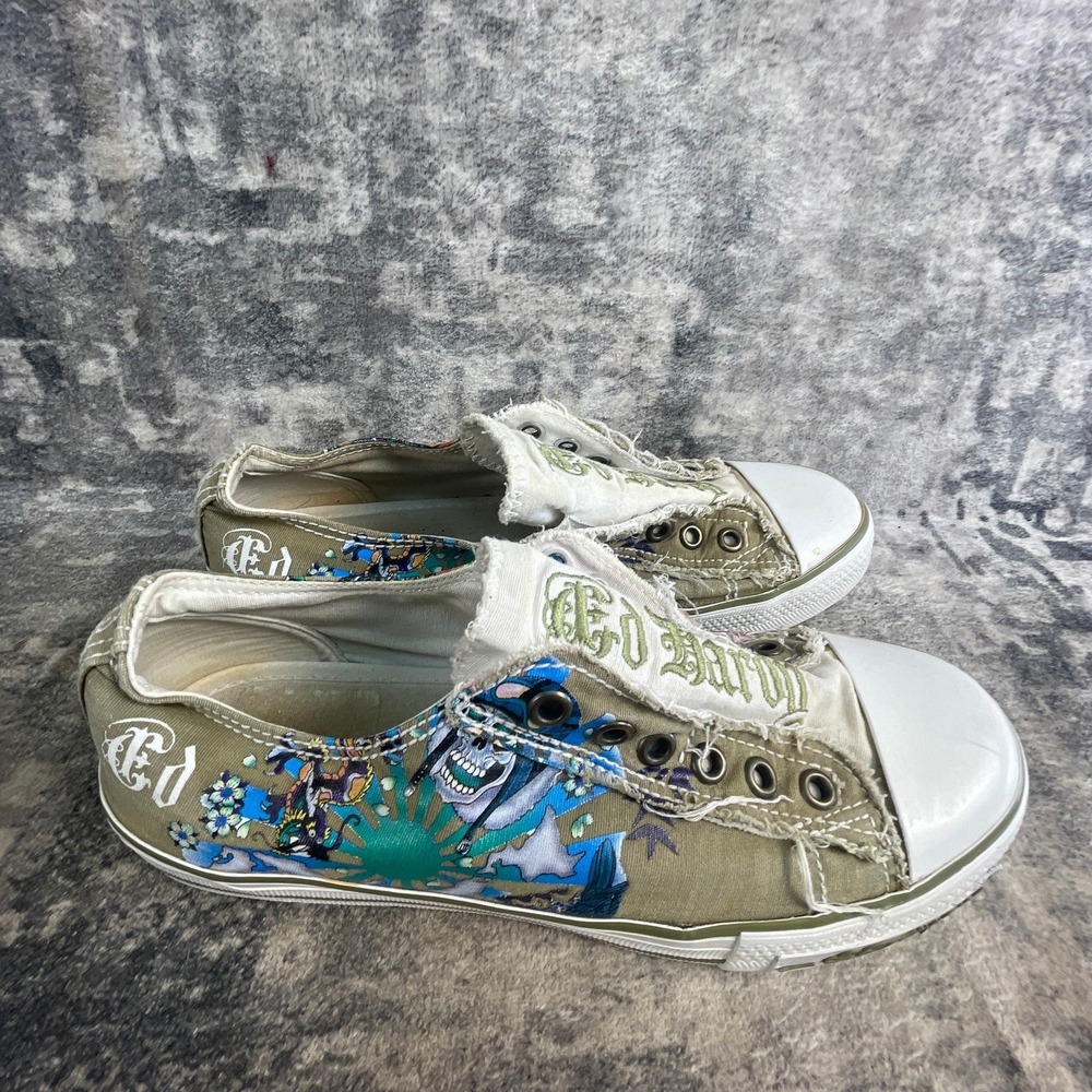 Ed Hardy Womens 7 Casual Slip-on Sneakers Y2K Tattoo Art Canvas Green Distressed - Picture 6 of 12